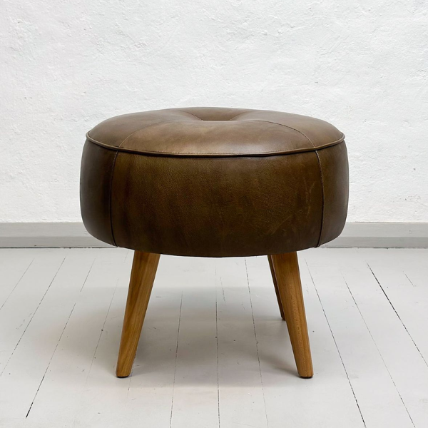 Leather Ottoman with Natural Leg